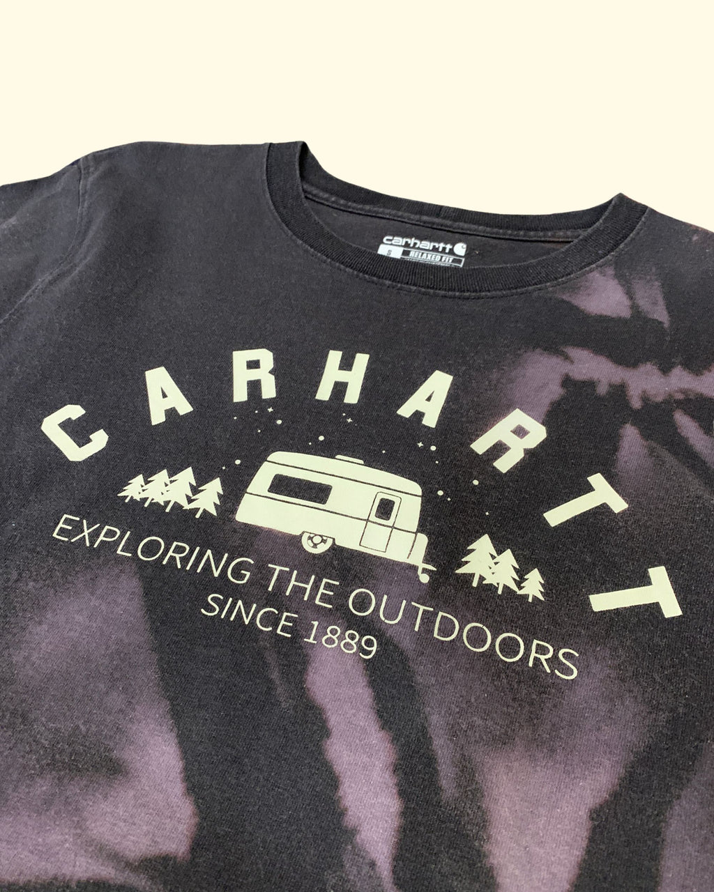 Carhartt Outdoors Graphic T-Shirt Black Bleached Tie Dye Relaxed Fit Size S