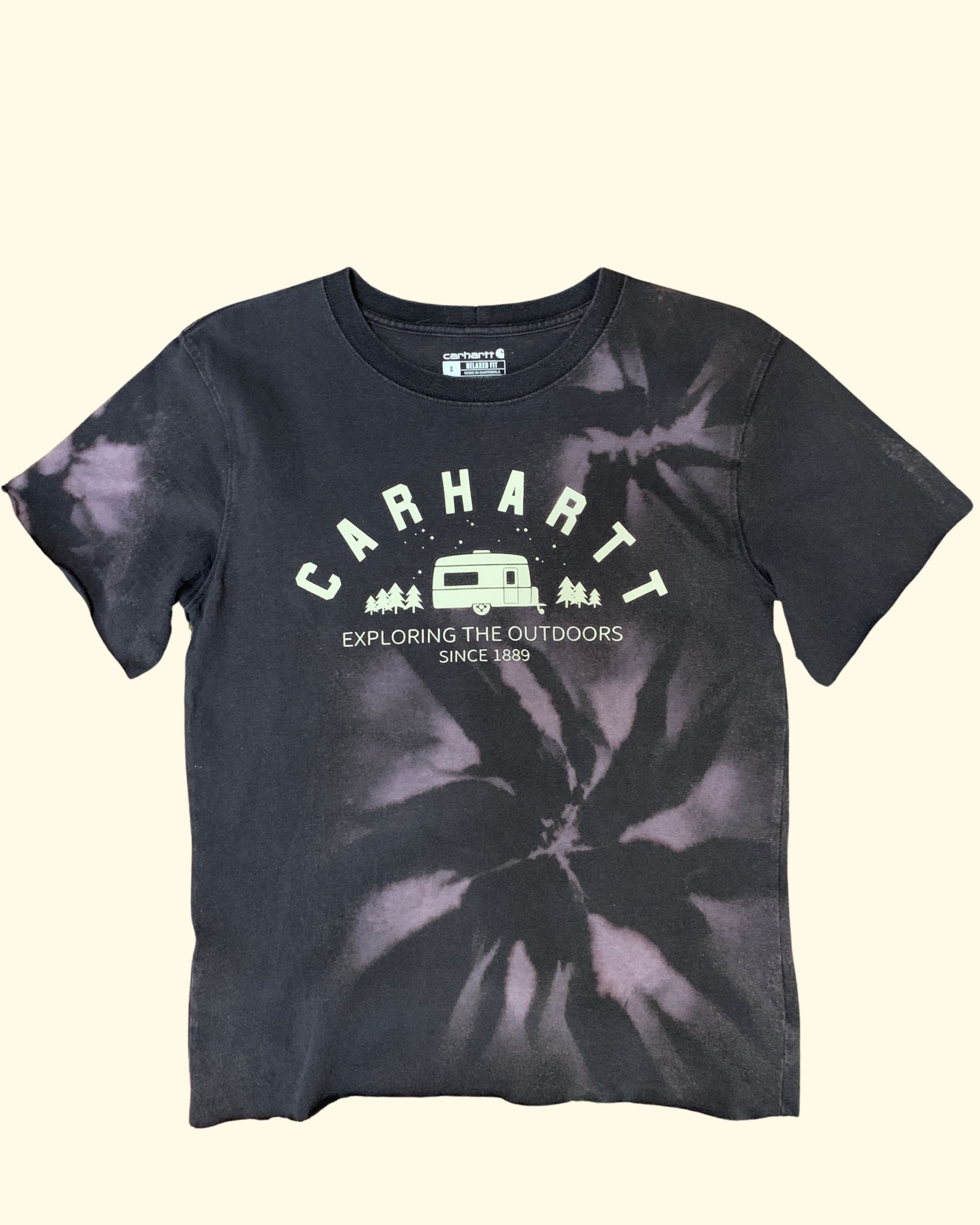 Carhartt Outdoors Graphic T-Shirt Black Bleached Tie Dye Relaxed Fit Size S