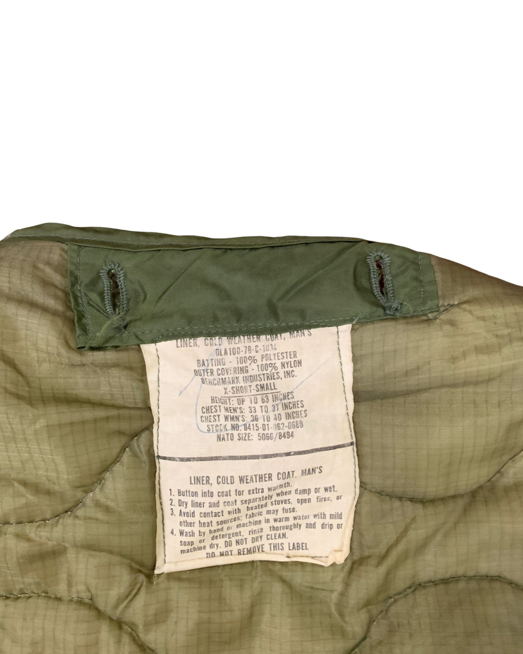 US Army Cold Weather Quilt Liner Jacket Olive Green Vintage